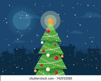 Holiday Background with Christmas Tree at Night in a City. Flat Design Style. 