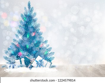 Holiday background with a Christmas tree and presents. Vector