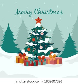 Holiday background with Christmas tree and presents in a snowy winter landscape.