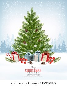 Holiday background with a christmas tree and presents. Vector.