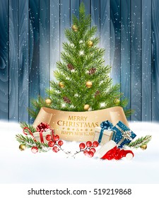 Holiday background with a Christmas tree and presents with santa hat. Vector