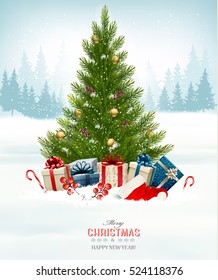 Holiday background with a christmas tree and presents. Vector