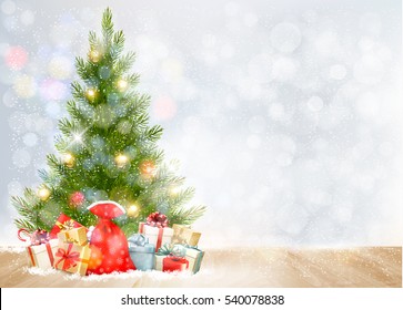 Weihnachtshintergrund mit Weihnachtsbaum und Geschenken. Vektorgrafik