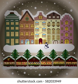 Holiday background with a Christmas tree and presents with santa hat. Vector illustration.