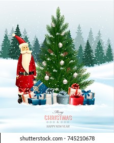 Fondo de vacaciones con un árbol de Navidad y regalos y Santa Claus. Vector.