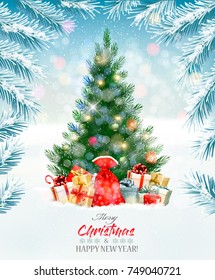 Fondo de vacaciones con un árbol de Navidad y regalos. Vector
