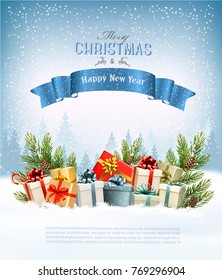 Fondo de vacaciones con un árbol de Navidad y regalos. Vector