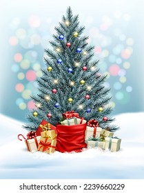 Holiday background with  Christmas tree and a sack full of gift boxes and presents. Vector.