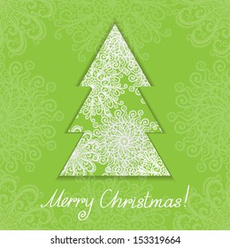 Holiday background with Christmas tree, snowflakes and text Merry Christmas. Abstract design logo. Logotype art - vector