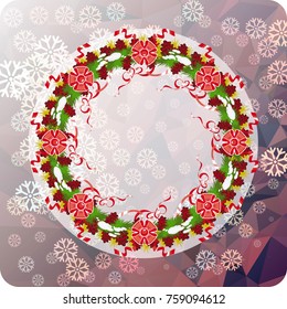 Holiday background with Christmas wreath and snowflakes. Copy space. Vector clip art.