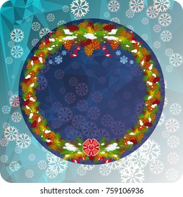 Holiday background with Christmas wreath and snowflakes. Copy space. Vector clip art.