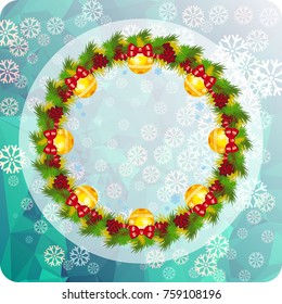 Holiday background with Christmas wreath and snowflakes. Copy space. Vector clip art.