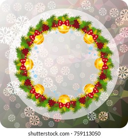 Holiday background with Christmas wreath and snowflakes. Copy space. Vector clip art.