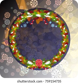 Holiday background with Christmas wreath and snowflakes. Copy space. Vector clip art.