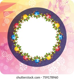 Holiday background with Christmas wreath and snowflakes. Copy space. Vector clip art.