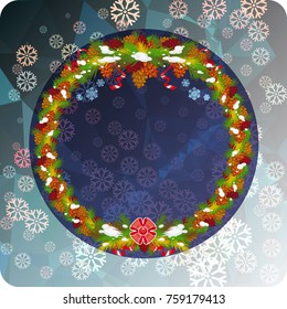 Holiday background with Christmas wreath and snowflakes. Copy space. Vector clip art.