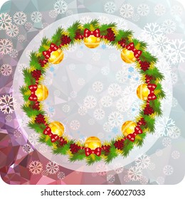 Holiday background with Christmas wreath and snowflakes. Copy space. Vector clip art.