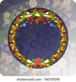 Holiday background with Christmas wreath and snowflakes. Copy space. Vector clip art.