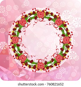 Holiday background with Christmas wreath and snowflakes. Copy space. Vector clip art.