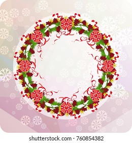 Holiday background with Christmas wreath and snowflakes. Copy space. Vector clip art.