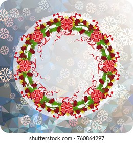 Holiday background with Christmas wreath and snowflakes. Copy space. Vector clip art.