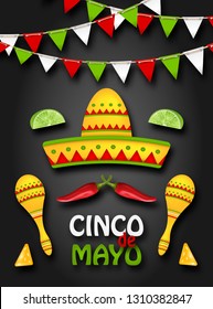 Holiday Background with Collection Mexican Colorful Symbols for Cinco de Mayo - Illustration Vector