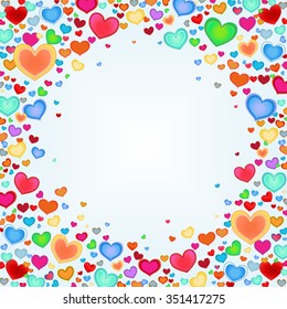 Holiday background with color hearts and space for text in the blue background. Great for baby announcement, Valentine's Day, Mother's Day, Easter, wedding, scrapbook, gift wrapping paper. Vector