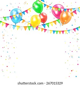 Holiday background with colored balloons, confetti and pennants, illustration.