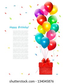 Holiday background with colorful balloons and gift box. Vector