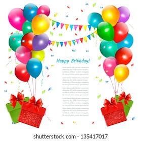 Holiday background with colorful balloons and gift boxes. Vector