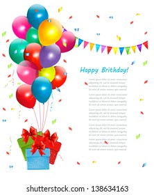 Holiday background with colorful balloons and gift boxes. Vector