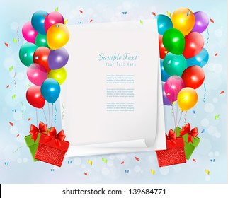 Holiday background with colorful balloons and gift boxes. Vector illustration.