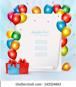 Holiday background with colorful balloons and gift boxes. Vector illustration.