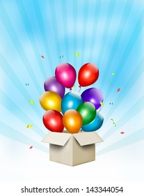 Holiday background with colorful balloons and open gift box. Vector