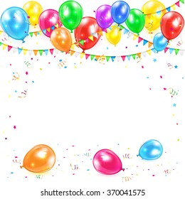 Holiday background with colorful balloons, pennants, tinsel and confetti, illustration.