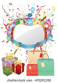 Holiday background with colorful banner, shopping bags and gift boxes.