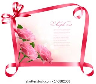 Holiday background. Colorful flowers with pink bow and ribbon. Vector