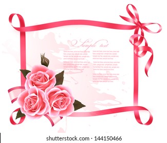 Holiday background. Colorful flowers with pink bow and ribbon. Vector