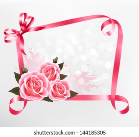 Holiday background. Colorful flowers with pink bow and ribbon. Vector