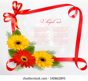 Holiday background with colorful flowers and red bow and ribbon. Vector