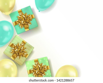 Holiday background with colorful gift boxes and and balloons. Vector illustration.