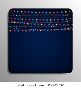 Holiday background with colorful glowing garland. Merry Christmas and New Year banner, poster, card. Festive festoon on blue background.