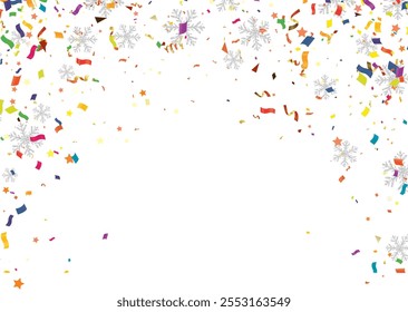 Holiday background with confetti and snowflakes. Vector illustration.
