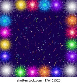 Holiday background with confetti, streamers and frame of various colorful fireworks. Eps10, contains transparencies. Vector