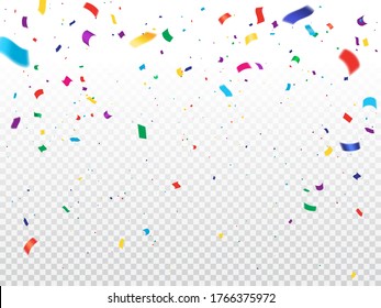 Holiday background with confetti. Vector flying and falling colorful paper confetti on transparent background. Holiday celebration, party fun, grand opening ceremony, festival or carnival decoration