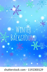 Holiday Background with Cute Snowflakes and Shiny Lights. Festive Background for Christmas Decoration, Wrapping, Fabric. Vertical A4 Vector Background.