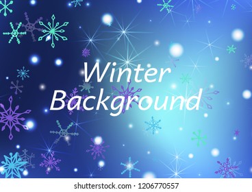 Holiday Background with Cute Snowflakes and Shiny Lights. Festive Background for Christmas Decoration, Cloth, Fabric. Vertical A4 Vector Background.