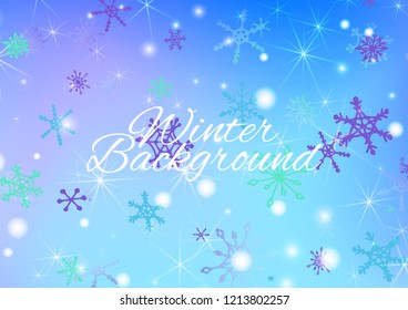 Holiday Background with Cute Snowflakes and Shiny Lights. Festive Background for Christmas Decoration, Wrapping, Fabric. Vertical A4 Vector Background.