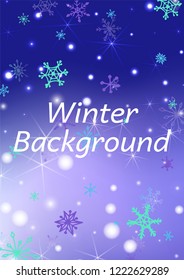 Holiday Background with Cute Snowflakes and Shiny Lights. Festive Background for Christmas Decoration, Banner, Card. Vertical A4 Vector Background.