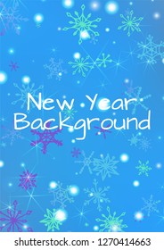 Holiday Background with Cute Snowflakes and Shiny Lights. Festive Background for Christmas Decoration, Print, Poster. Vertical A4 Vector Background.
